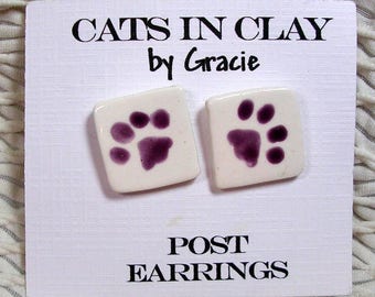 Purple Paw Print Post Earrings In Clay Handmade by Grace M. Smith