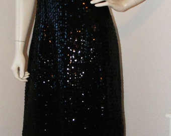 Vintage 1980s Long Black Sequined dress- Miss Elliette of Calif. sz 12 w/ matching jacket