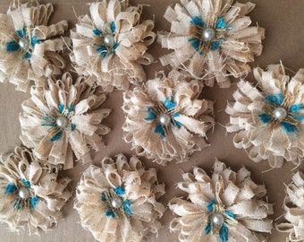 Shabby Chic Mini 2 1/2" Flowers with Burlap and Pearl Center - Set of 10