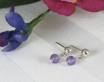 Very Tiny Amethyst and Sterling Silver Ball and Post Earrings
