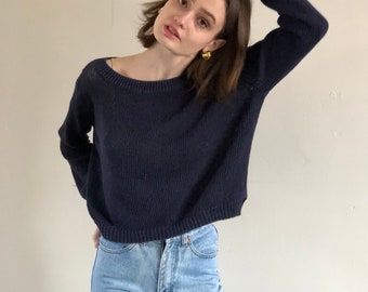 Y2K Loose Knit Cropped Cotton Boatneck Sweater Navy | S M