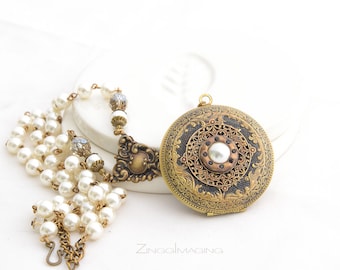 Victorian Pearl Locket Necklace, Antique Brass Photo Locket Necklace with Vintage Faux Pearls, Pearl Locket Necklace, Vintage Style Locket