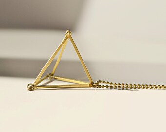 brass triangle necklace, geometric necklace, 3d jewelry, minimalist geometric jewelry