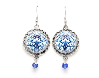 Elegant dangle earrings, portuguese blue tile earrings, flower earrings, portuguese gifts, ceramic jewelry, anniversary gifts for women