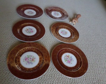 Six-Vintage Solian Ware Burgundy-Maroon-Gold Filigree/Floral Spray Center Dinner Plates/Dish/Serving
