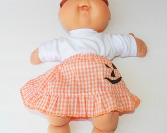 Cabbage patch 14 inch doll clothes, HANDMADE CLOTHES, also fits 15" bitty baby, jack o lantern skirt and white t shirt