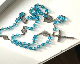 Vintage Aurora Borealis Faceted Blue Crystal Rosary Made In Italy