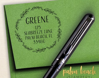Greene Pre-Inked Round Return Address Stamp - Self Inking Address Stamper - Personalized Stamp w/ Leaf Border - New Home Gift - 1.5" Circle