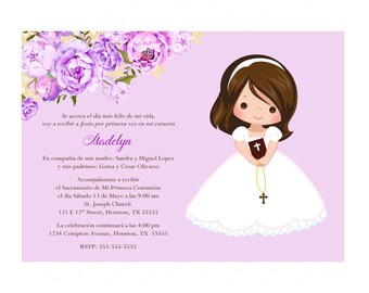 Girl First Communion Invitation, Invitacion Primera Comunión, Lavender Printable 1st Communion Invitation, Pink First Holy Communion Invite