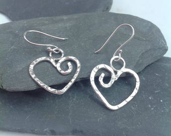 Hammered silver drop heart earrings