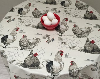 Roosters Tablecloth, Coated Tablecloth, Farmhouse Tablecloth