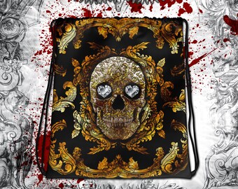 Gold Sugar Skull Drawstring Bag / Gothic, Horror, Macabre, Creepy / Day of the Dead, Dia de los Muertos / Goth Bag, Gym bag / Gift for Her