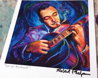 Colorful Django Reinhardt Portrait Art Print by Artist Robert Phelps, guitar art, guitarist, jazz art print, Django art, gypsy art, gyspy