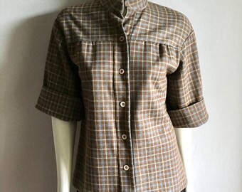 Vintage Women's 60's Brown Checkered, Blouse,Polyester, Short Sleeve (L)