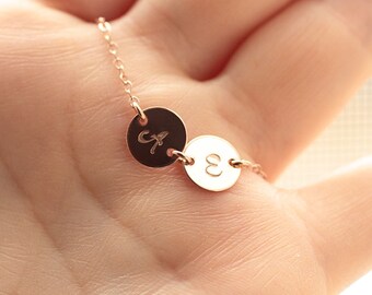 Rose Gold Initial Necklace, Personalized Necklace, TWO Hand Stamped Initial Charms, Mother's Necklace, Bridesmaids Necklace