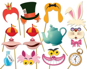 Alice in wonderland party photo booth props set - Printable PDF. Mad Hatters Tea Party Photobooth. Instant digital download - 0174