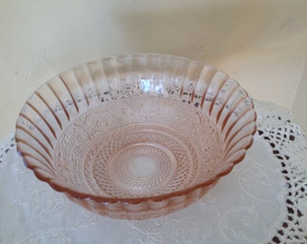 Vintage Pink Glass Bowl- Scroll Wheat Diamond Pattern 6 3/4" X 3"