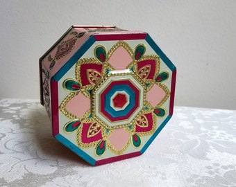 Vintage Tin Embossed Metal Box, Teal Blue Fuchsia Pink Gold Off White, Eight Point Star Medallion, Hexagon Metalware Storage Container