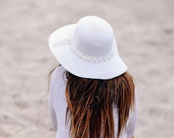 White Pom Pom Hat - Summer Hat - Sun Hat - Boho Hat - Straw Hat - Beach Hat - Bucket Hat - Medium Hat - Wide Brim Hat - Vacation Hat