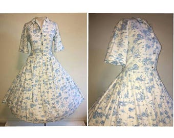 Vintage 50's Novelty Print Pastoral Toile Shirtwaist Dress || 1950's Victorian Scene Bombshell Cotton Full Skirt Day Dress Size LARGE