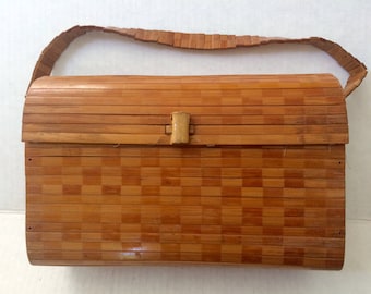 Vintage 60's Wooden Purse, Slatted Bamboo Purse with Handle, Vintage Fabric Lining