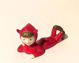 Vintage 1960s Little Red Devil Ceramic Pixie Japan? Just Hanging Out and Being Devlish