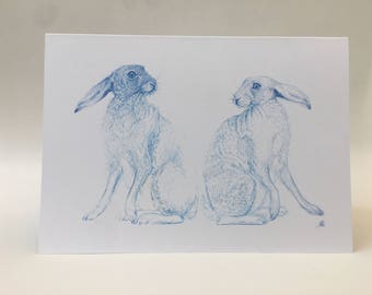 Two Blue Hares Greeting Card