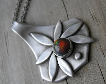 Pietas Goddess Pendant Black Opal PMC Artisan Jewelry Necklace October Birthstone