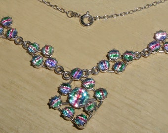 Superb Vintage Antique 1930's Art Deco Rainbow Iris Crystal Sterling Silver 925 Drop Necklace