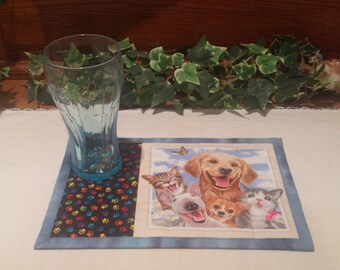 Quilted Mug Rug - Smiling Dogs and Cats Snack Mat Quiltsy Handmade