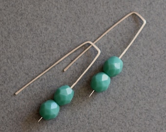 Modern Artisan Beaded Hand Forged Silver Wire Earrings, Green Turquoise Czech Bead and Sterling Silver Jewelry