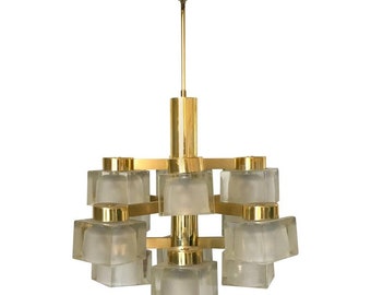 Large Gaetano Sciolari 13 Frosted Cube Brass Chandelier