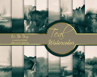 Teal Digital Paper, Teal Watercolor Digital Paper, hand painted watercolor backgrounds, watercolor scrapbook paper, watercolor textures