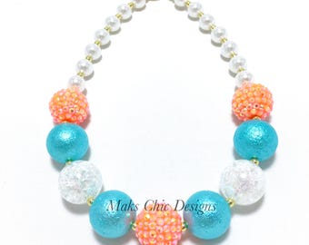 Toddler or Girls Tropical Chunky Necklace - Neon Orange, Turquoise and White Necklace - Fish necklace - Under the Sea Birthday Necklace