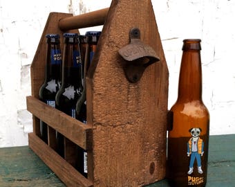 Men's Rustic Wooden 6 Pack Beer Carrier Bottle Storage Tote, Ready To Ship