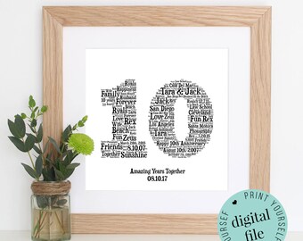10TH ANNIVERSARY GIFT - Word Art - Printable Gift - 10 Year Anniversary - 10th Wedding Anniversary - Tin Anniversary - Personalised Gift
