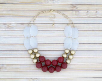 SALE! Cranberry Red Statement Necklace, Chunky Double-Strand Beaded Winter Fashion Jewelry, Large Chunky Necklace, Big Layered Burgundy Neck