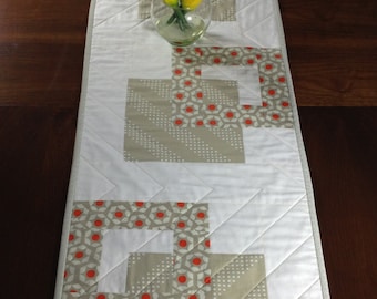 Modern Quilted Table Runner, Taupe Orange and Cream Wallhanging, Modern Table Decor, Quiltsy Handmade Tablerunner, Bed Runner