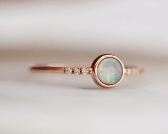 14K "Dreamy" Opal Bezel Ring with Pave Setting, Diamond Opal Ring, Stacking Ring, Dreamy Stone, Boho Jewelry, October Birthstone