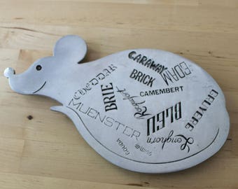 CUTE Vintage cheese tray. 1970s typography serving tray.Vintage metal cheese tray, Mouse shape cheese tray, 70s novelty aluminum cheese tray