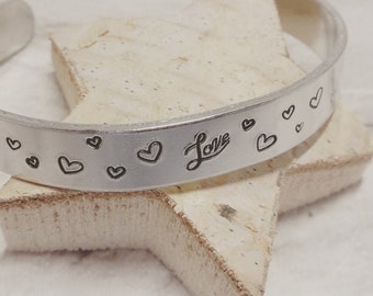 Love and hearts cuff bracelet, Hand Stamped, Aluminium