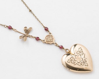 Vintage Locket Necklace, Heart Locket in Gold Filled with Genuine Red Garnet, Dragonfly Charm & Flower and Leaf Engraving, Heart Necklace