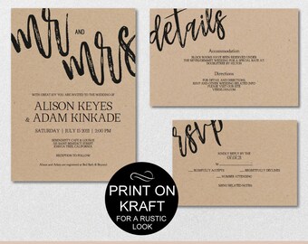 Rustic Wedding Invitation Template, Mr and Mrs Wedding Invitation Suite, Wedding Template Invite Set, PDF Instant Download | VRD110HDK