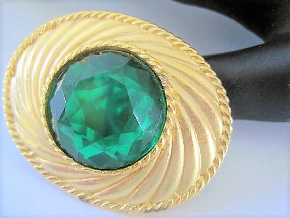 Green Glass Brooch, Signed Ungaro, Green Faceted Cabochon, Gold Tone Pin