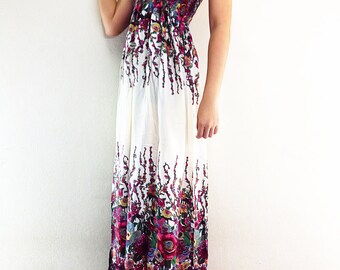 Women Maxi Dress Gypsy Dress Boho Dress Hippie Dress Summer Beach Dress Long Dress Party Dress Clothing Flower Printed Cream (DL8)