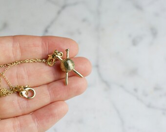 Golden Knitting Charm Necklace | Ball of Yarn with Knitting Needles