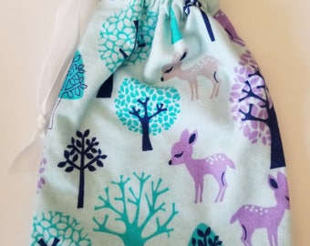 Purple Blue and Teal Woodland Deer Drawstring Bag