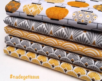 5 50 cm X 50 cm, Chinese lanterns yellow, gray scales, yellow sushi fans gray + yellow, fat quarter