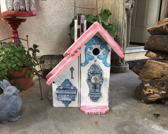 Bird house Functional Birdhouse Two Room Cond Wooden Bird House Post Mount Birdhouses Coral & White Item #50406131