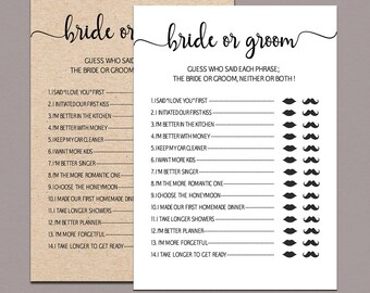 He said she said bridal shower game, Bride or groom game, bride groom game, kraft rustic Guess Who Said It Phrase Game printable Wedding B11